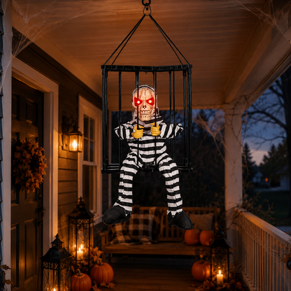 Striped Prisoner hanging caged skeleton displayed on a Halloween porch