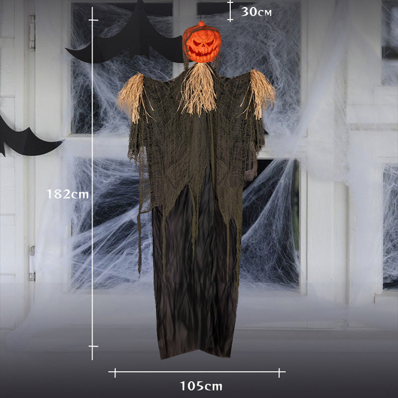 Hanging Pumpkin Head Scarecrow – Halloween Decoration with Straw Collar & Tattered Robe - product image 2