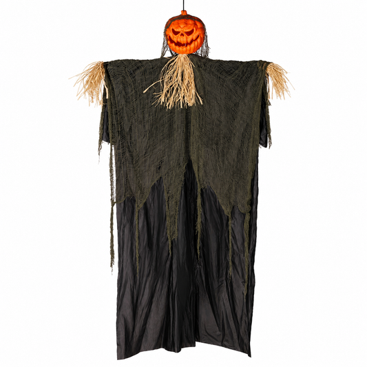 Hanging Pumpkin Head Scarecrow – Halloween Decoration with Straw Collar & Tattered Robe - product image 1