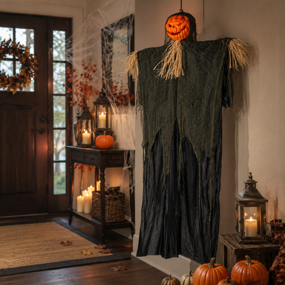 Hanging Pumpkin Head Scarecrow – Halloween Decoration with Straw Collar & Tattered Robe - product image 5
