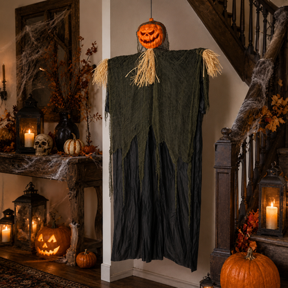 Hanging Pumpkin Head Scarecrow – Halloween Decoration with Straw Collar & Tattered Robe - product image 6