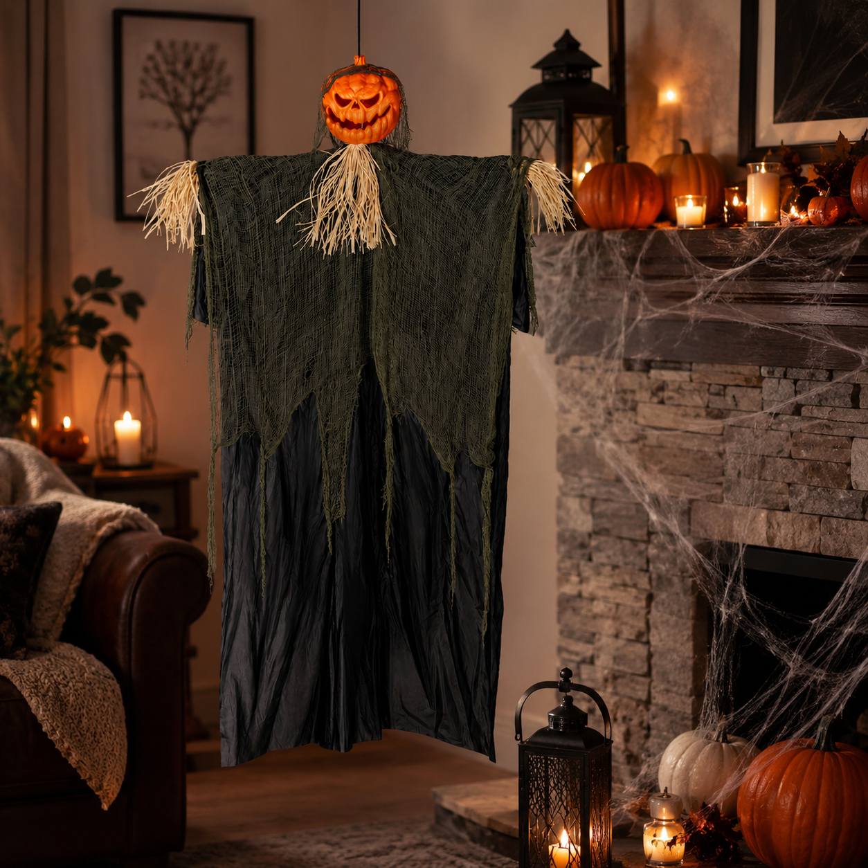 Hanging Pumpkin Head Scarecrow – Halloween Decoration with Straw Collar & Tattered Robe - product image 7