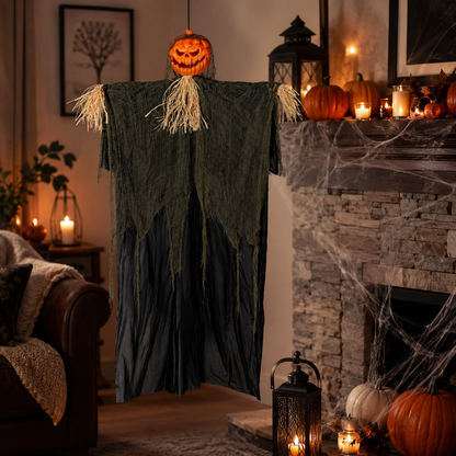 Hanging Pumpkin Head Scarecrow – Halloween Decoration with Straw Collar & Tattered Robe - product image 7