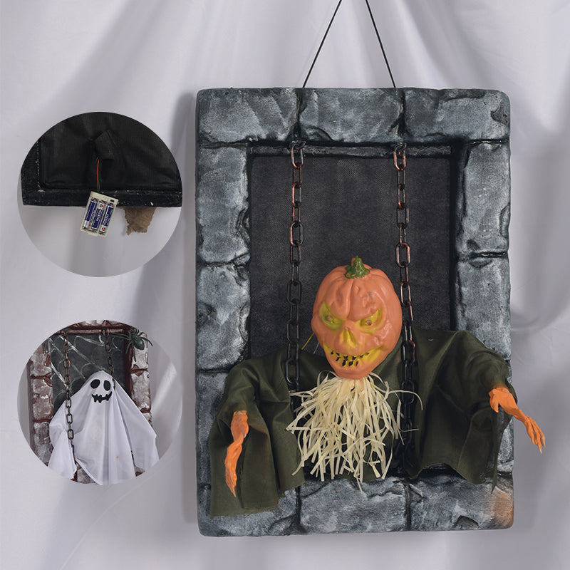 Pumpkin tombstone decoration with battery compartment and hanging ghost detail