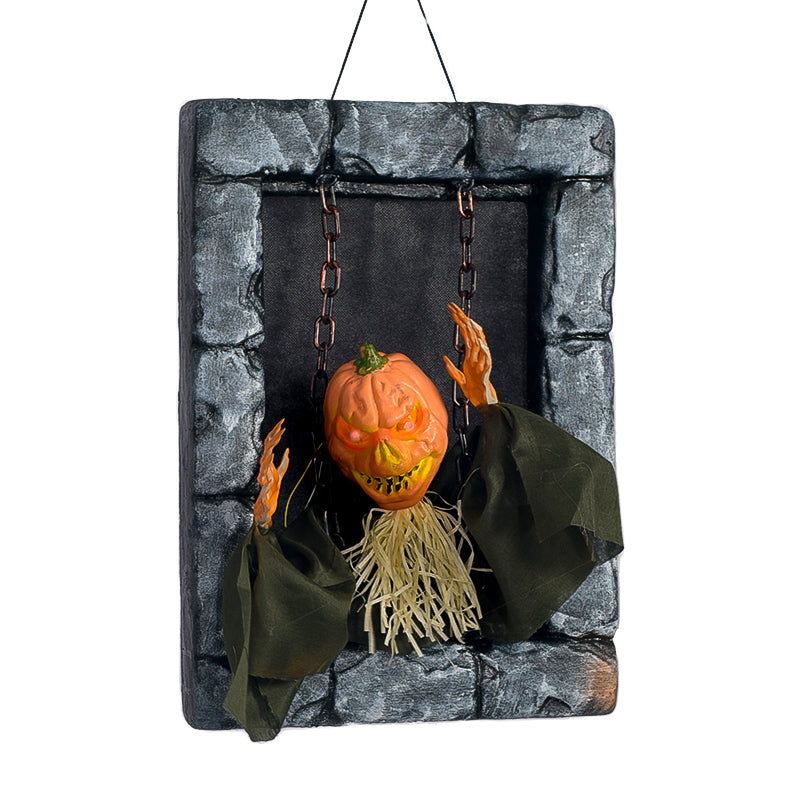 Pumpkin animated tombstone figure with glowing eyes in a gray stone frame