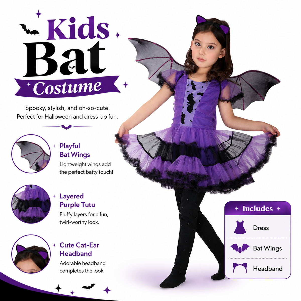 Girls Purple Bat Dress Halloween Costume - product image 2