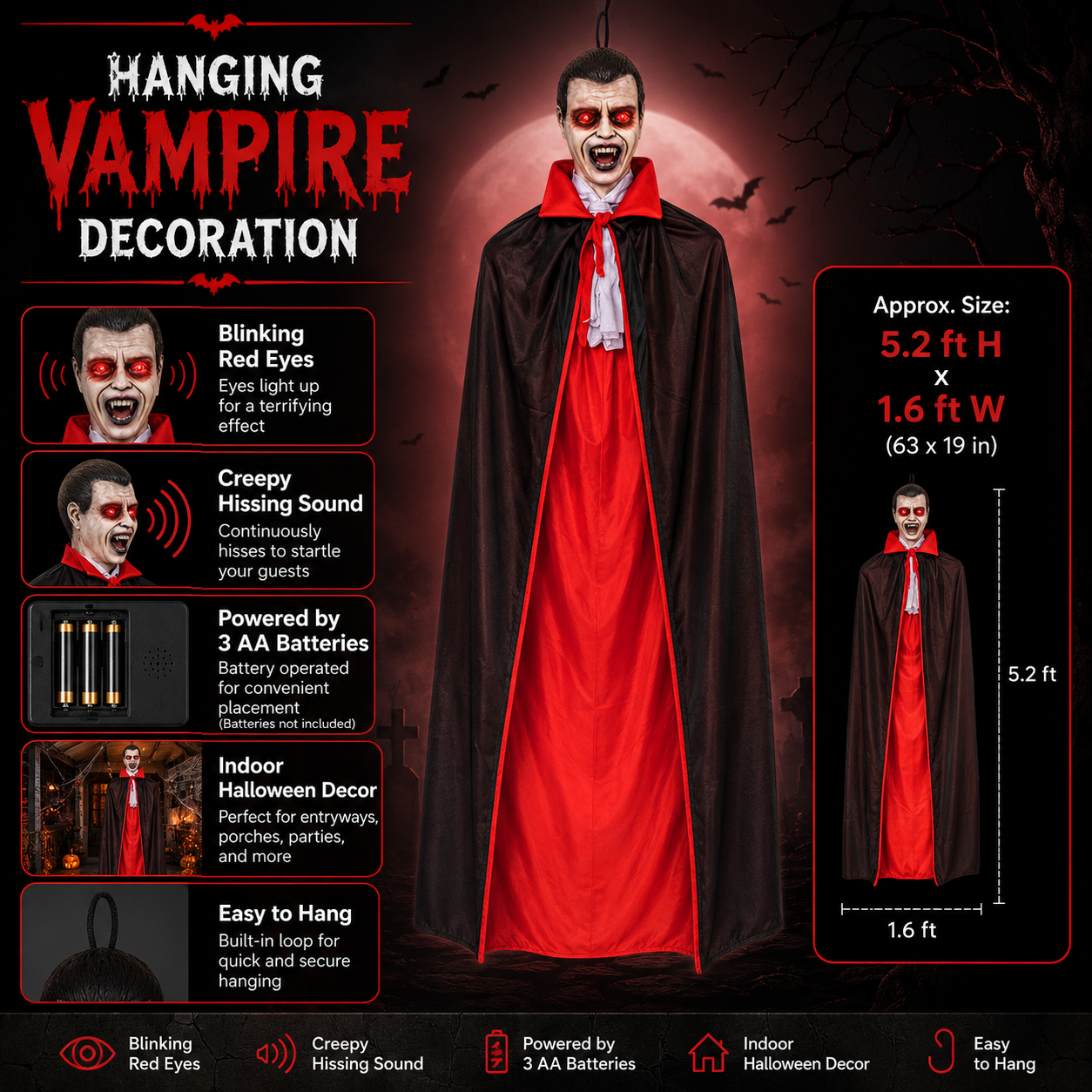 Hanging Vampire Decoration – Blinking Red Eyes & Hissing Sound, 5.2 Ft, Battery-Operated - product image 3