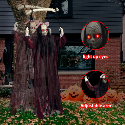 Red ghost on a swing hanging from a tree with glowing-eye close-up