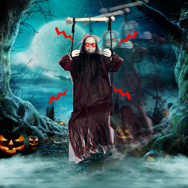 Red-eyed ghost on a swing in a moonlit haunted forest scene