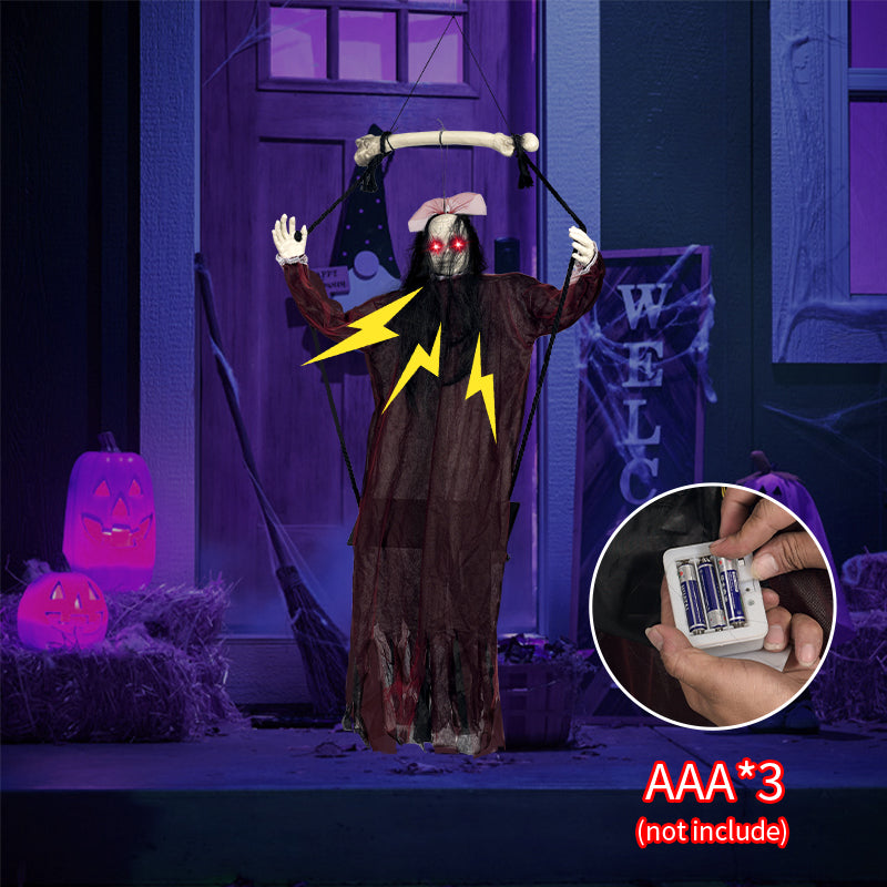 Red ghost swing decoration showing three AAA batteries required and not included
