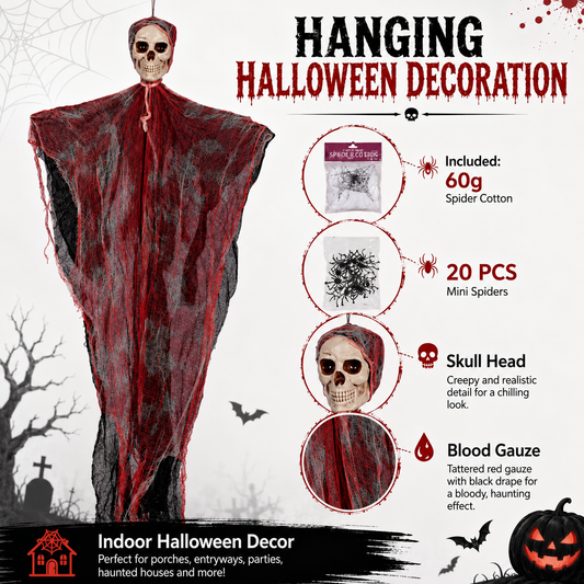 Hanging Skull Ghost with Blood Gauze – Halloween Indoor Decoration with Bonus Spiders & Web - product image 2