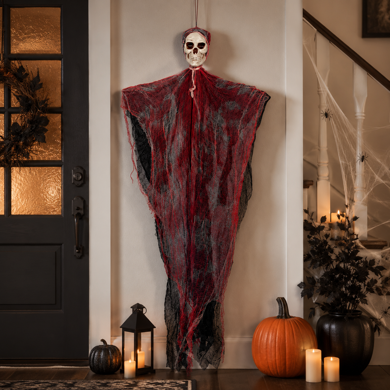 Hanging Skull Ghost with Blood Gauze – Halloween Indoor Decoration with Bonus Spiders & Web - product image 3