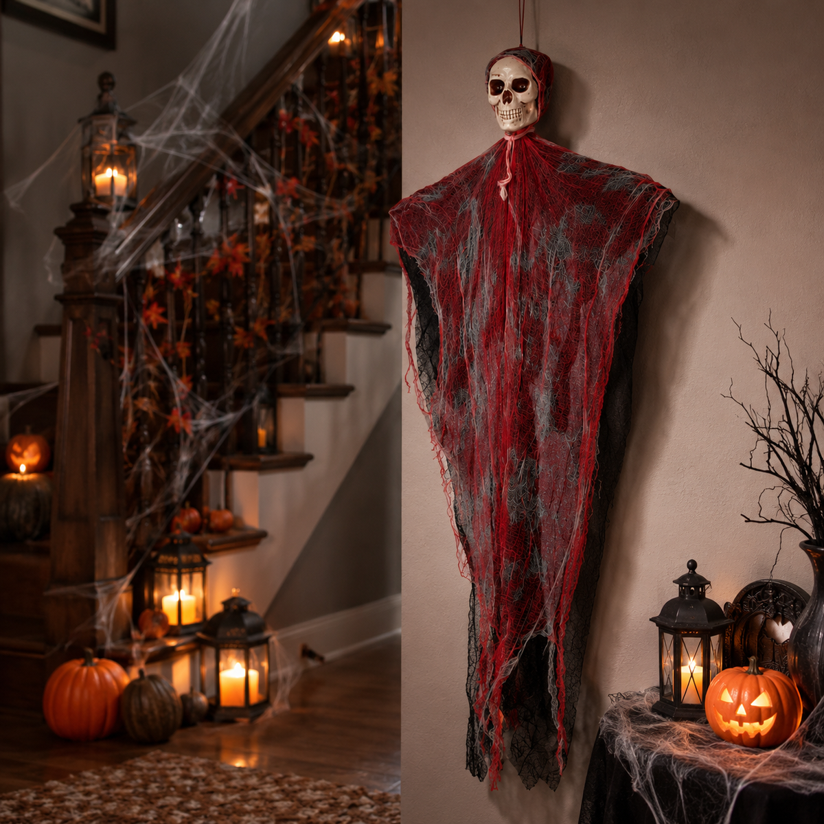 Hanging Skull Ghost with Blood Gauze – Halloween Indoor Decoration with Bonus Spiders & Web - product image 4