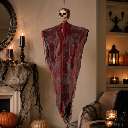 Hanging Skull Ghost with Blood Gauze – Halloween Indoor Decoration with Bonus Spiders & Web - product image 5