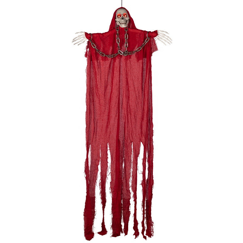 Light-Up Hanging Skeleton Ghost – Red Robe with Chain, Glowing Eyes, 77 In, Battery-Operated - product image 1