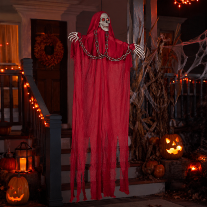 Light-Up Hanging Skeleton Ghost – Red Robe with Chain, Glowing Eyes, 77 In, Battery-Operated - product image 2