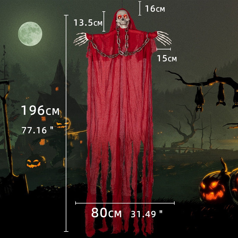 Light-Up Hanging Skeleton Ghost – Red Robe with Chain, Glowing Eyes, 77 In, Battery-Operated - product image 3