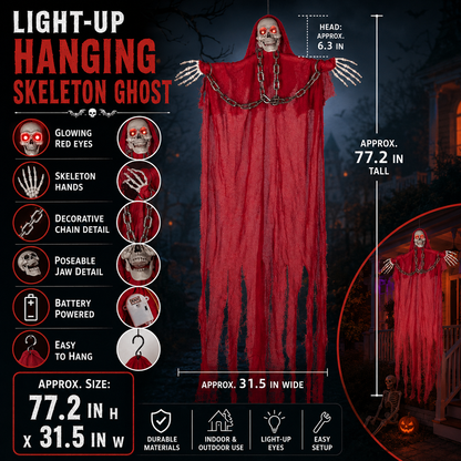 Light-Up Hanging Skeleton Ghost – Red Robe with Chain, Glowing Eyes, 77 In, Battery-Operated - product image 4