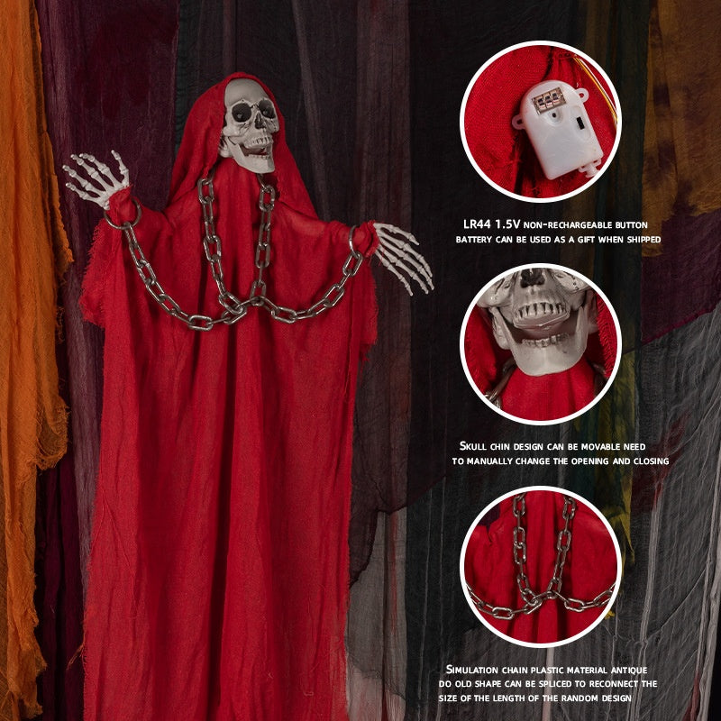 Light-Up Hanging Skeleton Ghost – Red Robe with Chain, Glowing Eyes, 77 In, Battery-Operated - product image 5