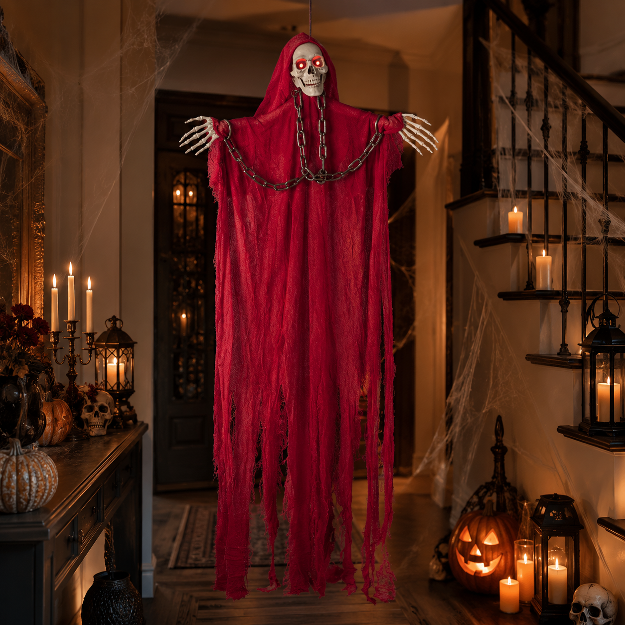 Light-Up Hanging Skeleton Ghost – Red Robe with Chain, Glowing Eyes, 77 In, Battery-Operated - product image 6