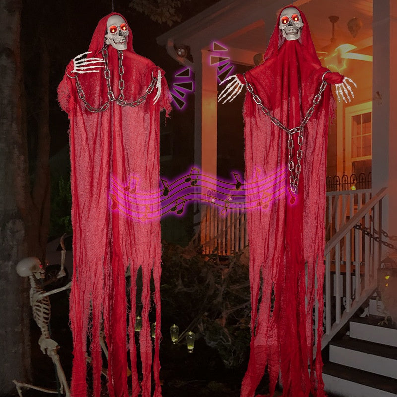 Light-Up Hanging Skeleton Ghost – Red Robe with Chain, Glowing Eyes, 77 In, Battery-Operated - product image 7