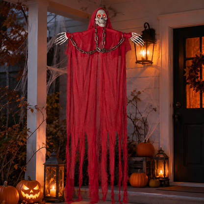 Light-Up Hanging Skeleton Ghost – Red Robe with Chain, Glowing Eyes, 77 In, Battery-Operated - product image 9