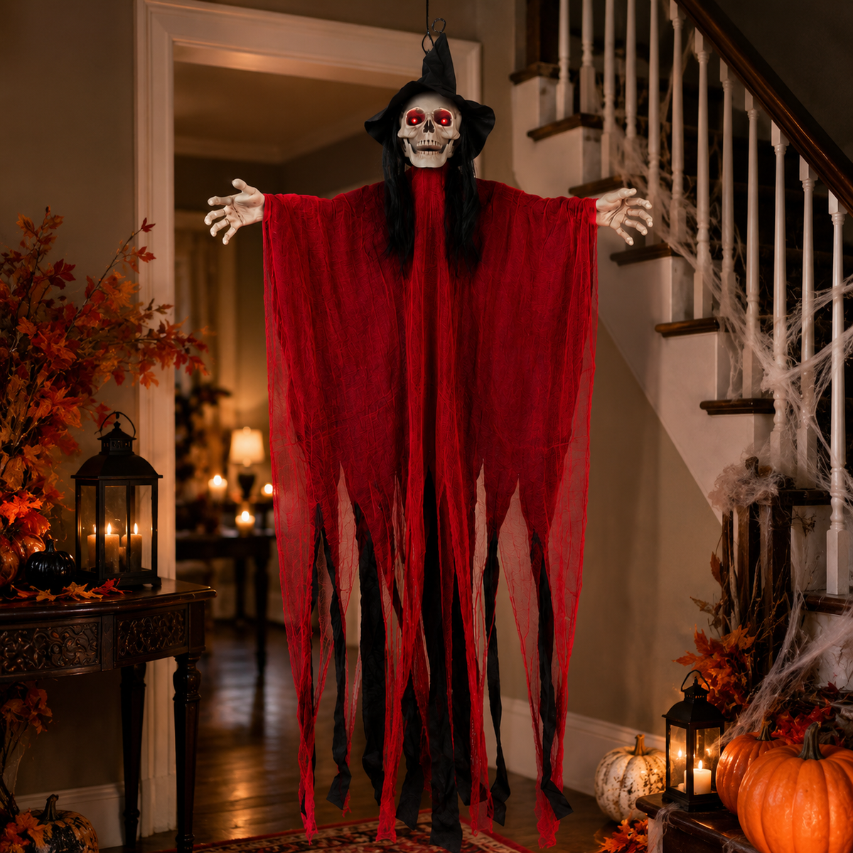Battery-powered red robe ghost prop with sound activation