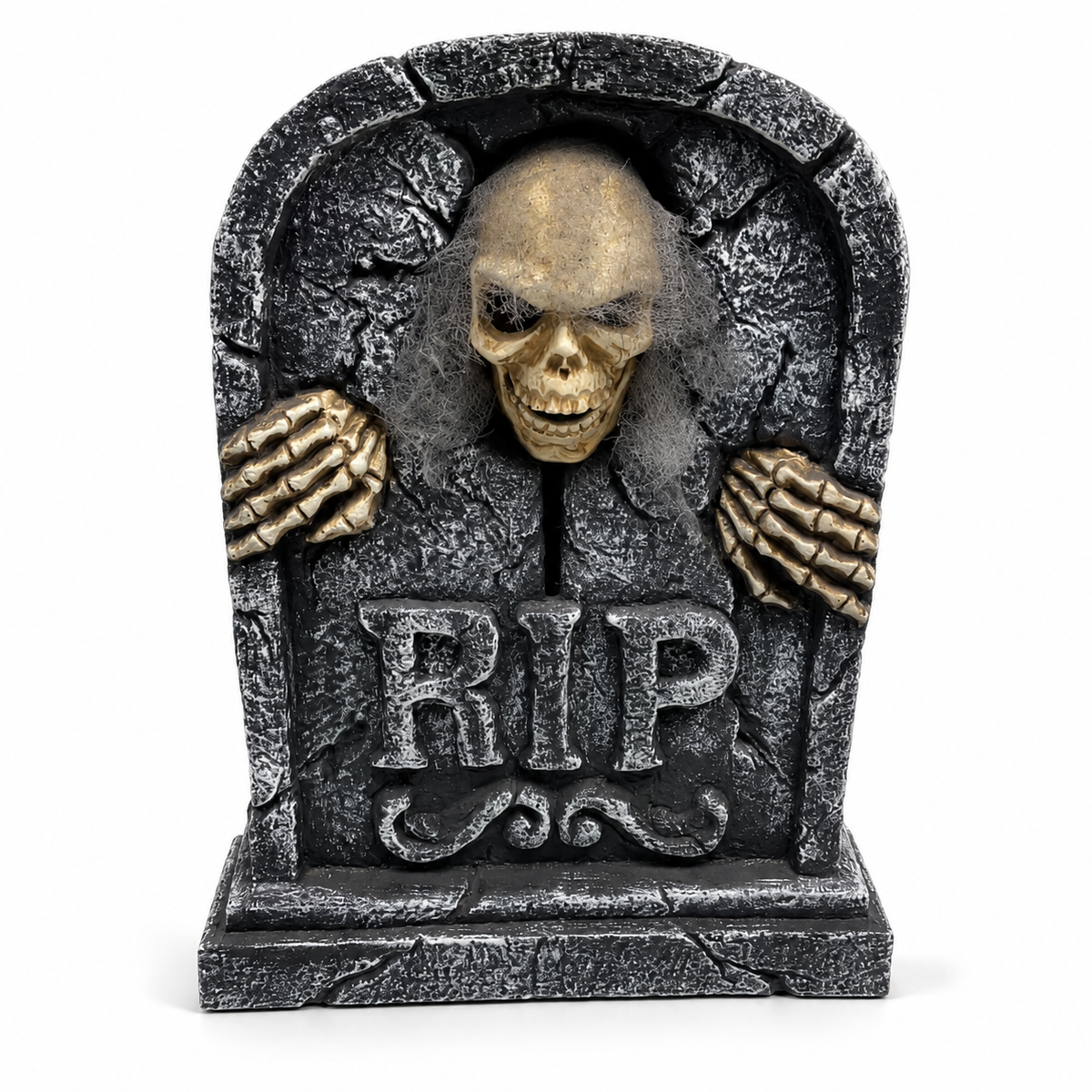 RIP tombstone Halloween graveyard prop with reaching skeleton