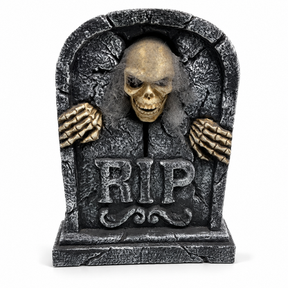 RIP tombstone Halloween graveyard prop with reaching skeleton
