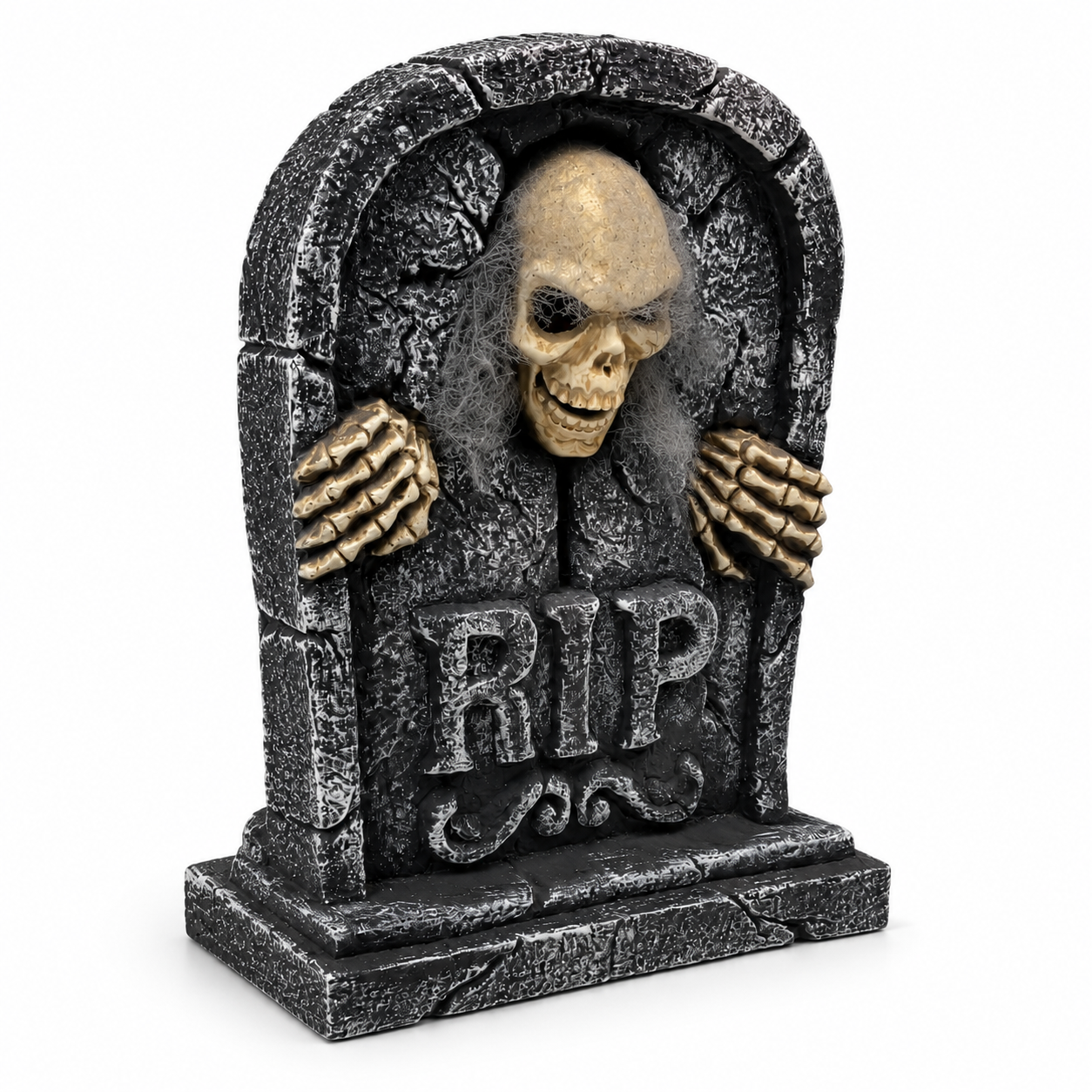 Skeleton hand reaching from RIP tombstone Halloween decor