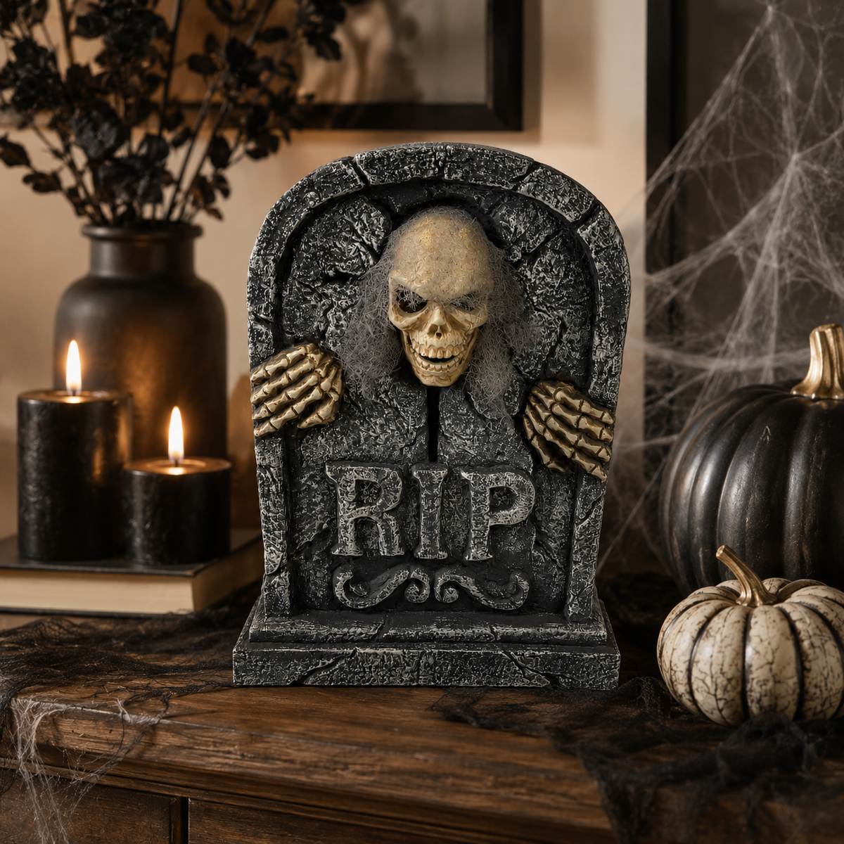 Light-up skeleton tombstone decoration with sound effects
