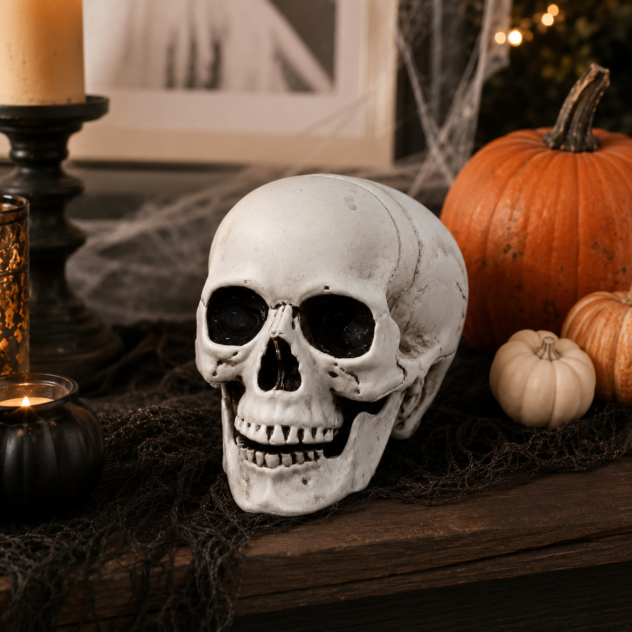 Realistic skull decoration displayed with pumpkins, candles, and cobwebs