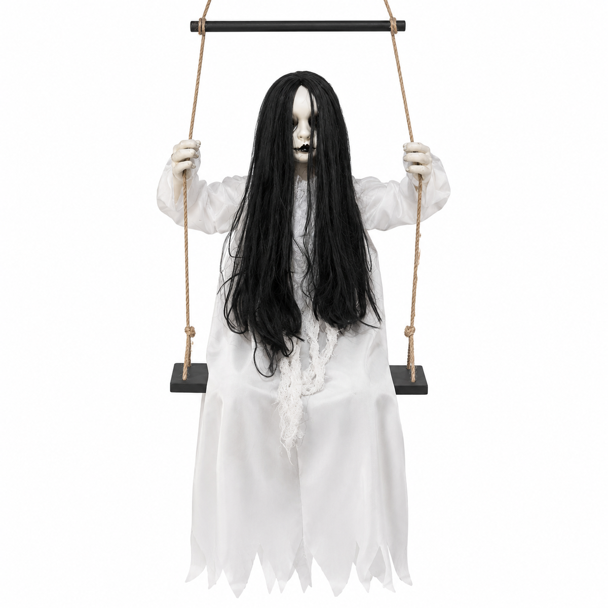 White ghost with long black hair seated on a hanging swing, front view