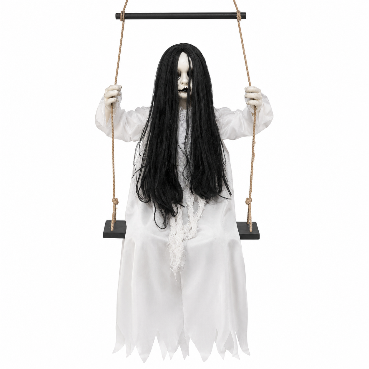 White ghost with long black hair seated on a hanging swing, front view