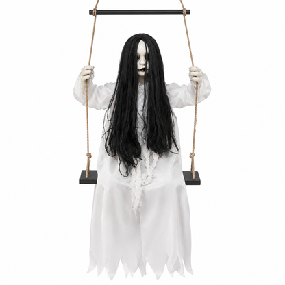 White ghost with long black hair seated on a hanging swing, front view