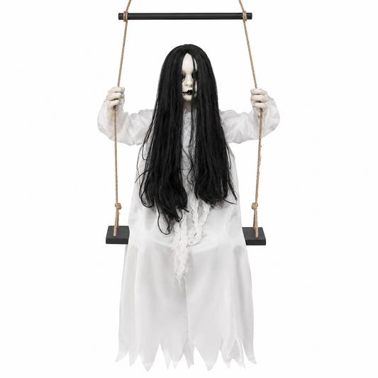 White ghost with long black hair seated on a hanging swing, front view