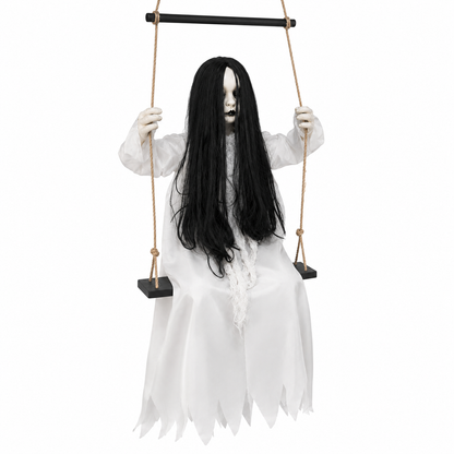 White ghost hanging swing decoration shown from a three-quarter angle