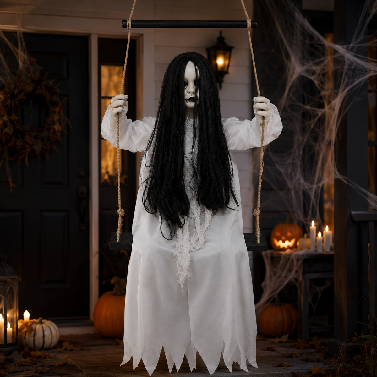 White ghost on a swing displayed in a dark Halloween porch scene