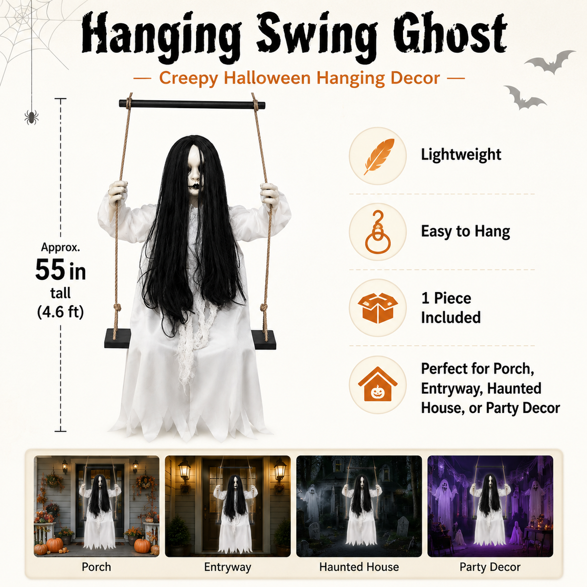 55-inch white ghost swing decoration size and features infographic