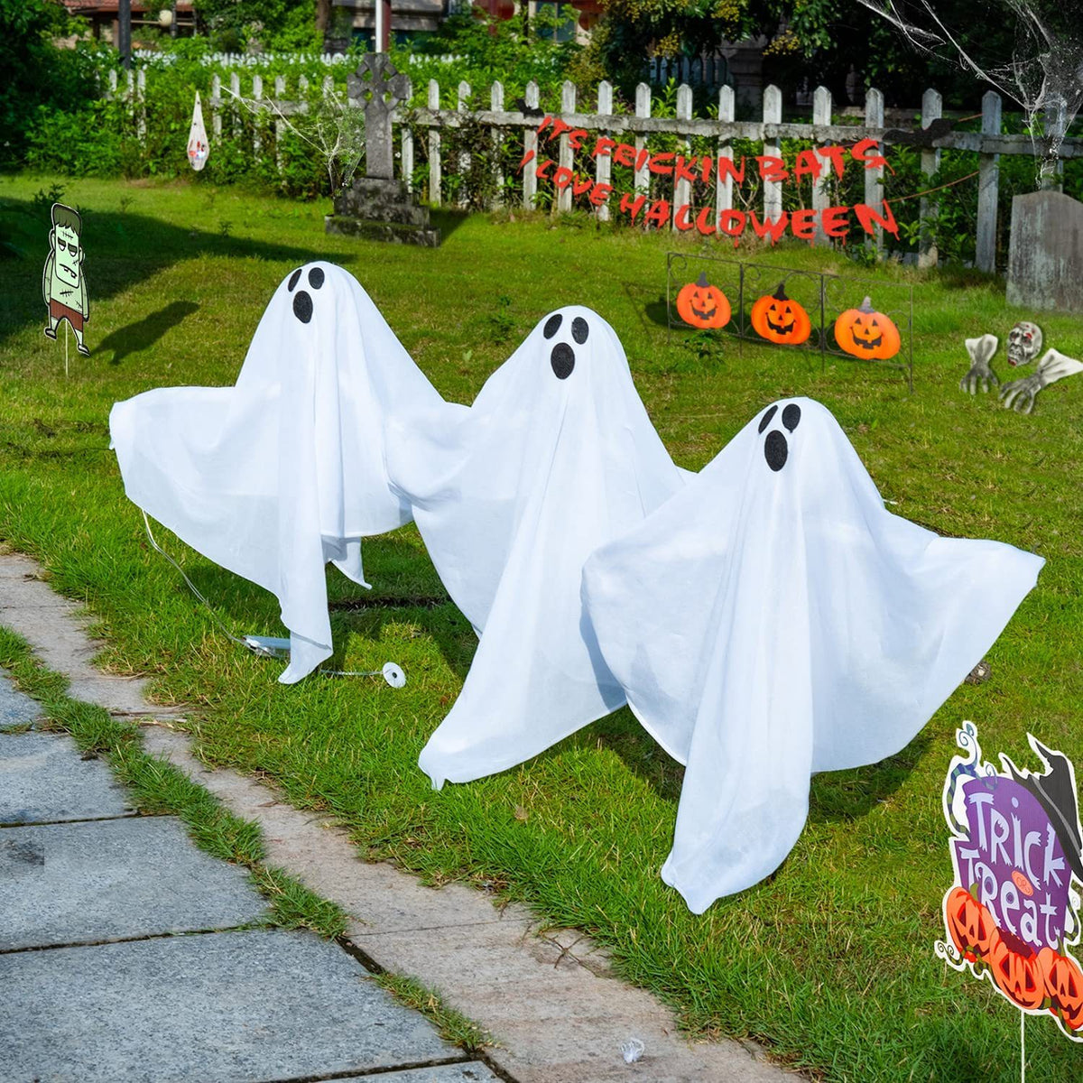 Set of 3 Light-Up Ghost Yard Stakes – Classic White Halloween Lawn Decoration, Battery-Operated - product image 3