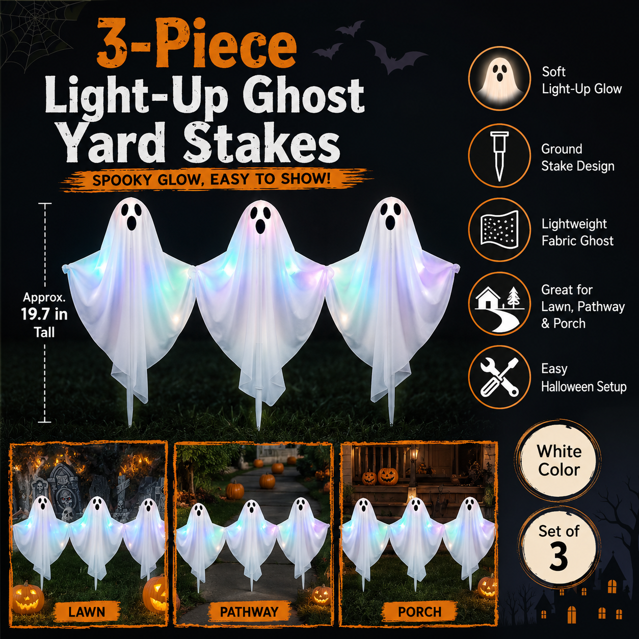 Set of 3 Light-Up Ghost Yard Stakes – Classic White Halloween Lawn Decoration, Battery-Operated - product image 4