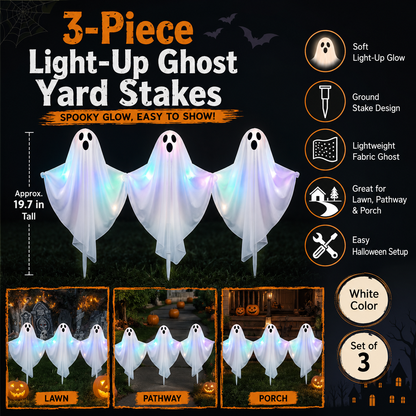 Set of 3 Light-Up Ghost Yard Stakes – Classic White Halloween Lawn Decoration, Battery-Operated - product image 4