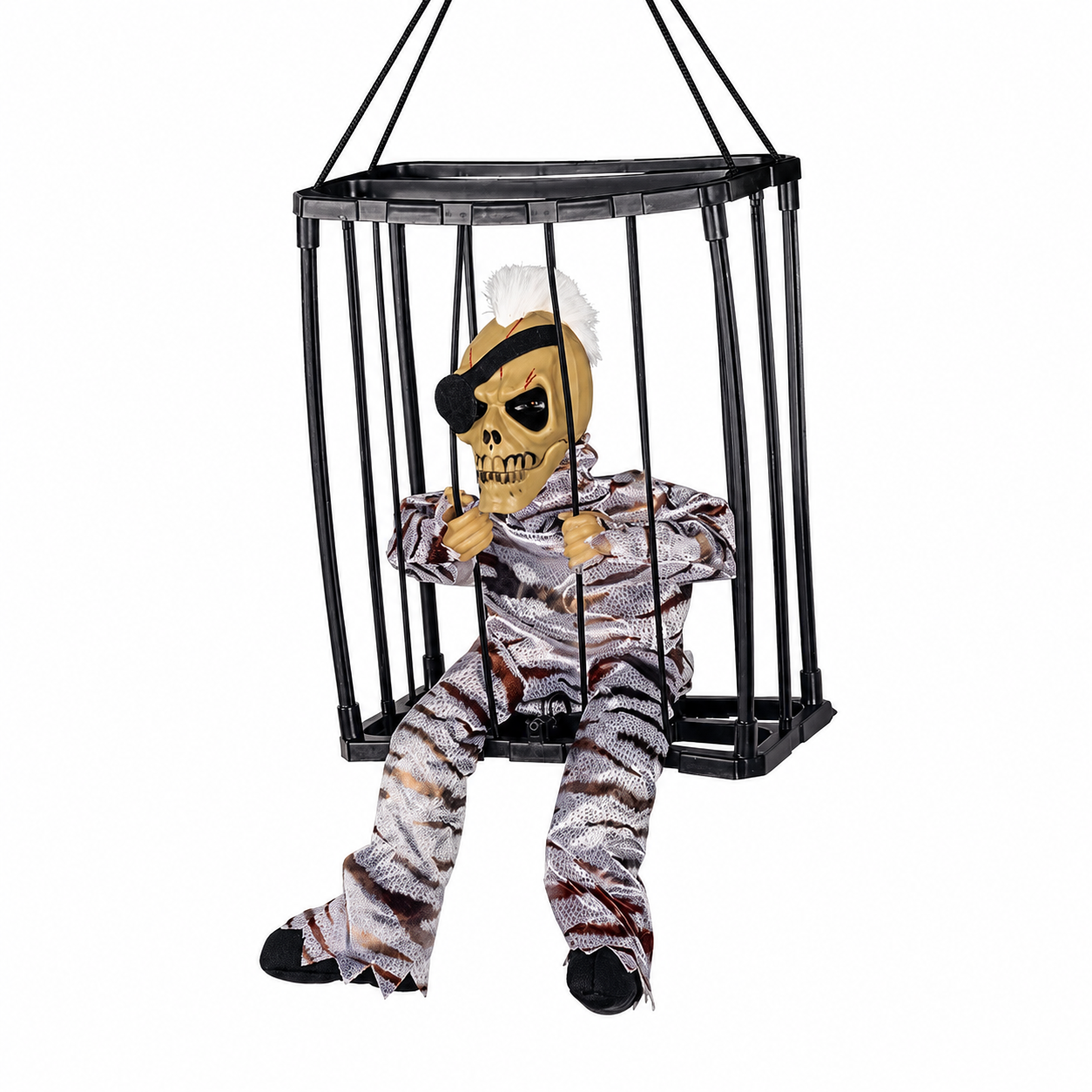 One-Eyed Prisoner hanging caged skeleton decoration with an eye patch