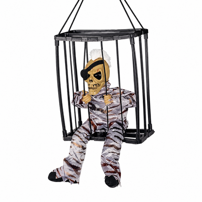 One-Eyed Prisoner hanging caged skeleton decoration with an eye patch